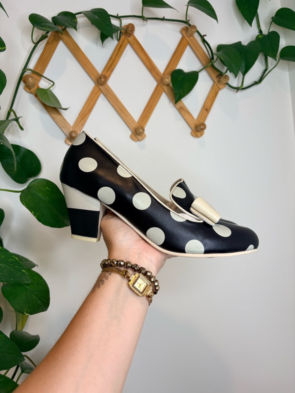 LOLA RAMONA Elsie Women's Black Cream Leather Polka Dot Bow Heels Pumps